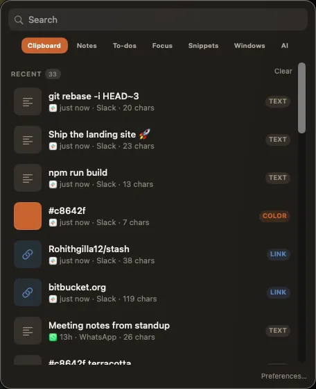 The Stash menu-bar hub showing clipboard history
